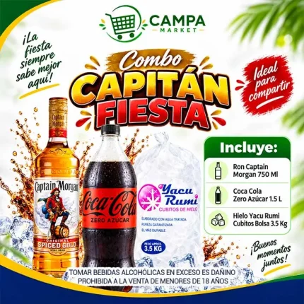 Combo Ron Capitán Morgan 750 Ml + Coca Cola Zero 1.5 L + Hielo 3.5 Kg